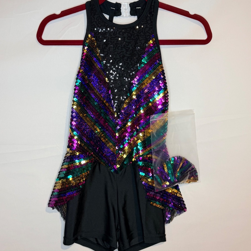 Laylas Dance Kids Sequin Performance Leotard Peplum Unitard Multi-Color LC